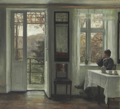 THE ARTIST'S WIFE SITTING AT A WINDOW IN A SUNLIT ROOM