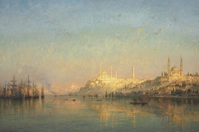 VIEW ACROSS THE GOLDEN HORN, HAGIA SOPHIA AND THE BLUE MOSQUE BEYOND, CONSTANTINOPLE by Ernst Karl Eugen Koerner - Auction record, sale price, and art valuation. Compare with similar artists and explore comparable artworks.