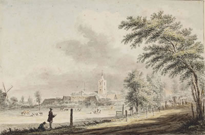 View of Noordwijk-Binnen, with two men drawing in the foreground (recto); Sketch of Noordwijk aan Zee seen from the beach (verso)