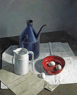A still life with eggs, a jug and a milk churn on a table