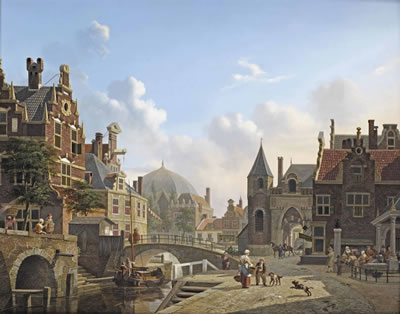 A capriccio view of a sunlit Dutch town
