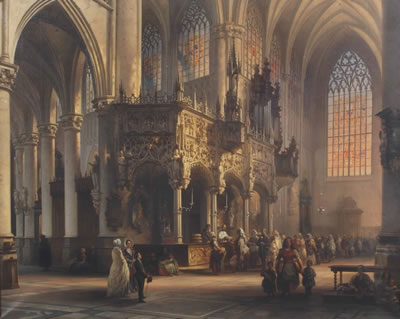 Vue intérieure de l'eglise de Saint-Gommaire à Lierre avec la distribution du pain: the church of St. Gommar, Lierre