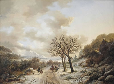 A sunlit winter landscape with travellers on a path near Chambery, France