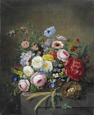 An abundant flower still life with a birds nest on a stone ledge