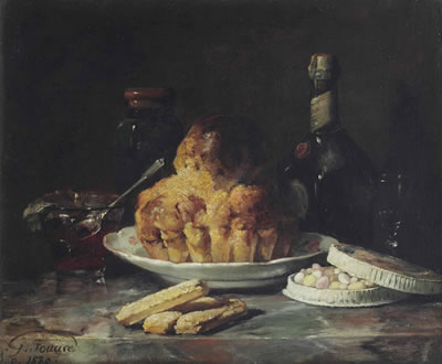 A bundt cake, a glass bowl with confiture, a bottle of Dom Benedictine liqueur and a tin of pastilles and éclairs