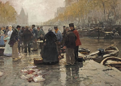 Fischmarkt in Amsterdam: The fish market on the Geldersekade near the Nieuwmarkt with the Schreierstoren in the distance
