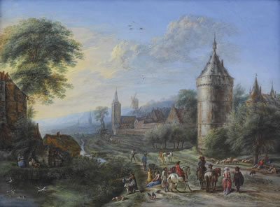 A village scene with cavaliers and elegant figures conversing in the foreground, a hunter shooting ducks on a pond to the left