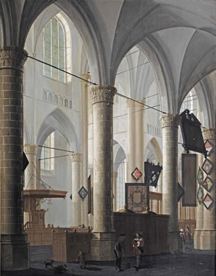 The interior of the Grote Kerk in Dordrecht, with figures conversing and children playing