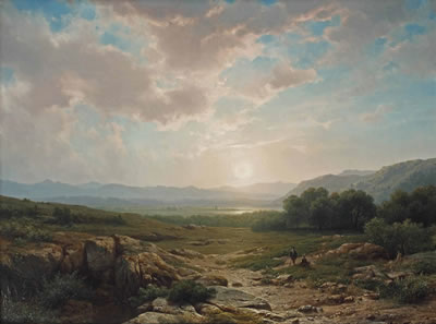 A landscape with a couple at sunset