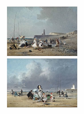 Children playing on the beach, Treport; and Families enjoying a day at the beach, Treport