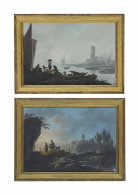 A view of the river Tagus with fisherfolk on the shore, and a tower beyond; and A rocky river landscape at sunset with shepherds and shepherdesses with their flock (2)