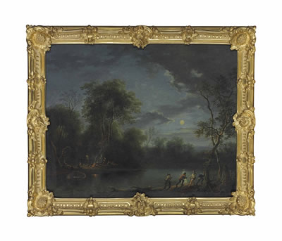 A lake with figures in boats and on the shore, ruins and a church beyond