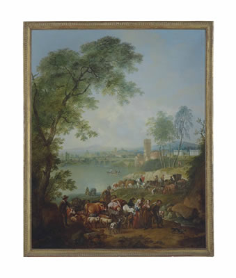 An Italianate river landscape with herdsmen and their cattle and sheep in the foreground, a bridge and a town beyond
