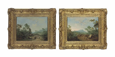 A wooded landscape with travellers by a ruined fountain; and A wooded river landscape with travellers on a bridge, mountains beyond (2) by Norbert Joseph Carl Grund - Auction record, sale price, and art valuation. Compare with similar artists and explore comparable artworks.