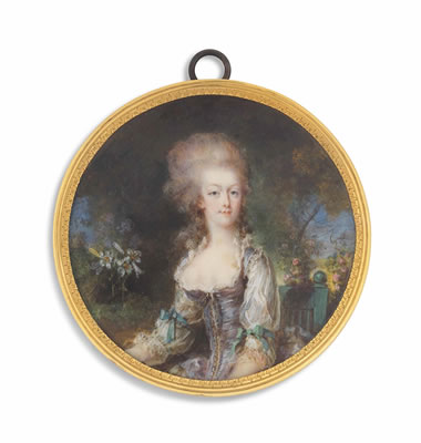 Marie-Antoinette (1755-1793), Queen of France 1774-1792, seated on a green wooden chair in a floral woodland landscape, wearing mauve dress over white shift, the sleeves adorned with green ribbons