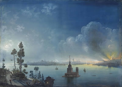 Constantinople - a view across the Bosphorus towards Leander's Tower by night