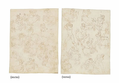 Studies of centaurs and two male nudes (recto), Studies of centaurs and a rearing horse (verso)