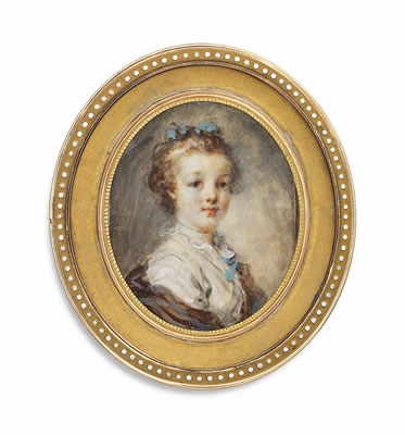 A girl, in white dress with frilled collar, blue ribbon, choker and ribbons in her hair, a brown stole wrapped around her shoulders
