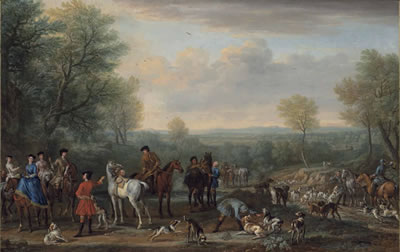 THE MEET: A HUNTING PARTY, WITH FIGURES, HORSES AND HOUNDS, IN AN EXTENSIVE WOODED LANDSCAPE