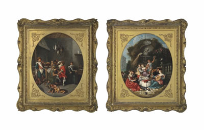 The interior of a kitchen with a fortune teller reading the palm of a finely dressed gentleman, with other figures and children; A merry company making music beneath a fountain (2)