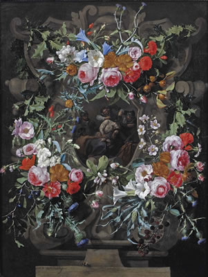 The Mocking of Christ surrounded by a sculpted cartouche with a garland of holly, thistles, blue and white morning glory, peonies, dog roses and other flowers, with a bee on a stone ledge