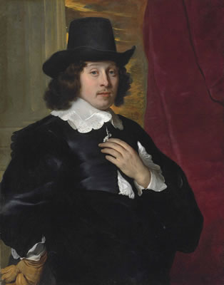 Portrait of a gentleman, half-length, in a black coat with a white collar and cuffs, wearing a black hat, a glove in his right hand, before a column and a red curtain by Jacob Adriaensz Backer - Auction record, sale price, and art valuation. Compare with similar artists and explore comparable artworks.