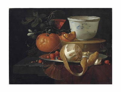A partially peeled orange, strawberries and other fruit with a wine glass and Wan-li bowl on a partially draped stone ledge by Elias van den Broeck - Auction record, sale price, and art valuation. Compare with similar artists and explore comparable artworks.