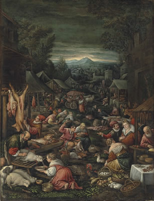 A village on market day with poultry and other livestock