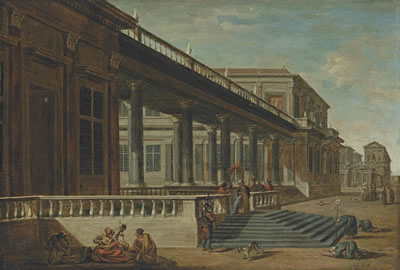 A capriccio of a palace terrace with a family of mendicants in the foreground, a pasha and his retinue beyond