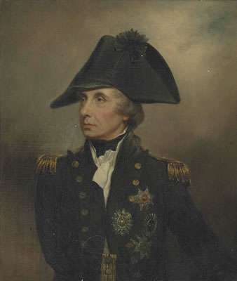 Portrait of Horatio, Viscount Nelson, K.B., Vice-Admiral of the White (1758–1805), half-length, in Vice-Admiral's undress uniform, cocked hat with black silk cockade and green eyeshade, with the stars of the Bath, the St. Ferdinand and the Crescent
