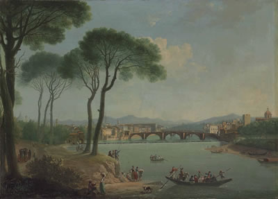 A view of the Arno, Florence, from the Cascine Gardens, with the Ponte alla Carità, the Ponte Vecchio beyond