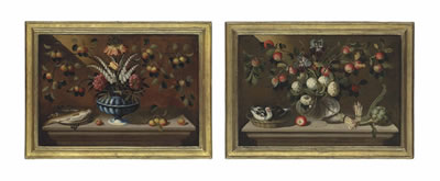 Foxgloves, a red fritillaria and branches of apples in a vase, with a plate of fish and apples on a stone ledge; and Irises, snowballs and branches of apples in a glass vase, with an artichoke, asparagus and birds in a woven basket on a stone ledge (2)