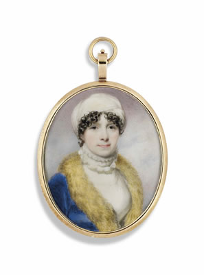 A lady, in white dress, fur-collared blue coat, white turban