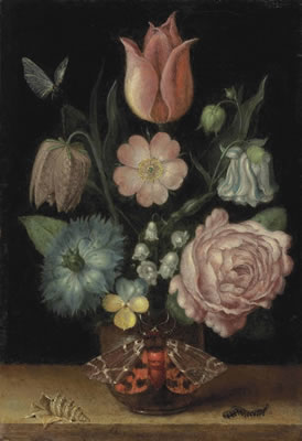 A tulip, a Snakeshead, a Love-in-a-mist, a double variegated columbine, a Dog Rose, a Maiden’s Blush Rose, lilies of the valley and a pansy in a pot with a garden tiger moth, a shell, and a caterpillar on a ledge, a butterfly above