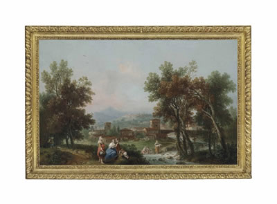 A wooded landscape with washerwomen by a river