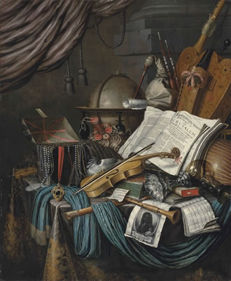 A globe, a casket of jewels and medallions, books, a hurdy-gurdy, a bagpipe, a lute, a violin, an upturned silver tazza and roemer, a nautilus shell, a recorder, a shawm, a print with a self-portrait of the artist and a musical score on a draped table, a