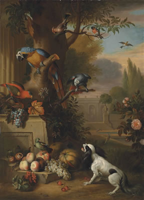 A blue and gold macaw, an African grey parrot, a parakeet and other birds, with grapes, melons, apples and a dog, in a park landscape