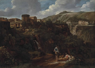 The cascade at Tivoli, with two washerwomen resting by a path
