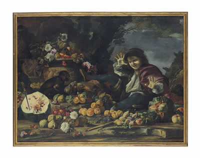 Roses, peaches, apples and melons on a rocky ledge, in a wooded landscape, with a young boy startled by a monkey