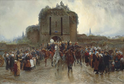 To the front: French cavalry leaving a Breton city on the declaration of war by Elizabeth (Lady Butler) Butler - Auction record, sale price, and art valuation. Compare with similar artists and explore comparable artworks.