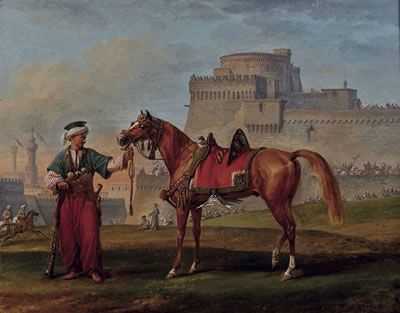Pur-sang et mamelouk devant une citadelle