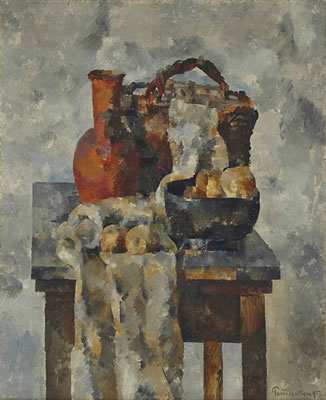 NATURE MORTE AUX FRUITS, PANIER ET CRUCHE