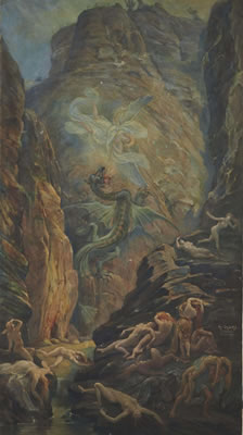 Saint Michel combattant le dragon dans un paysage rocheux