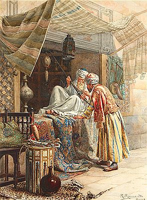 An Arabic street scene conversation piece, with two Arab men inspecting a rifle, surrounded by drapes and carpets