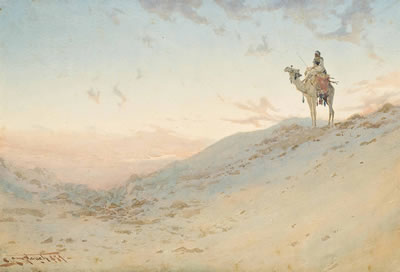 An Arab on a camel surveying the desert at dusk