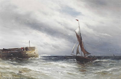 A fishing smack coming into harbour, a squall approaching