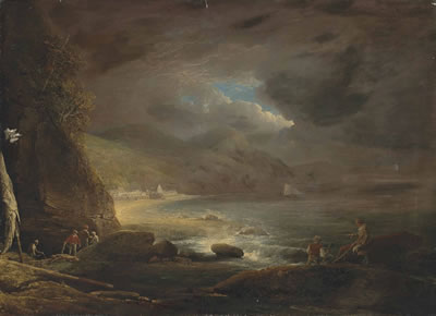 A coastal landscape with figures preparing their nets on the shore, a town beyond