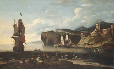 A coastal landscape with a man-o'-war and other vessels on the water, elegant figures on horseback on the shore, a fortress beyond