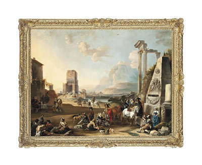 An Italianate classical landscape with figures resting near a fountain, others making merry, a town by a river beyond