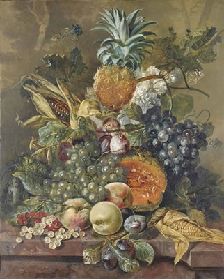 A pineapple, grapes, peaches, melons, corn, plums and stocks on a stone ledge with butterflies in a landscape